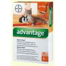 Капли инсектоакарицидные Bayer Advantage 40 - для кошек и декоративных кролей весом до 4 кг (упаковка 4 пипетки, цена за 1 шт)