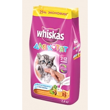 Корм сухой для котят Whiskas вкусные подушечки с молоком «Ассорти с индейкой и морковью» 2,4 кг 