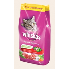 Корм сухой для кошек Whiskas вкусные подушечки со сметаной и овощами «Аппетитное ассорти с говядиной, кроликом и ягненком» 2,4 кг